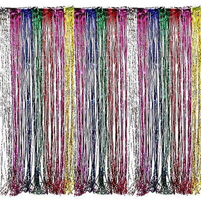 Picture of Adorox Metallic Silver Gold Rainbow Photo Backdrop Foil Fringe Curtains Party Wedding Event Decoration (Metallic Rainbow)