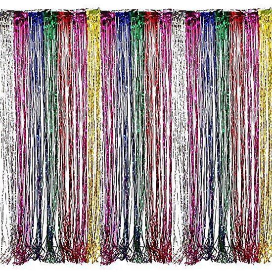 Picture of Adorox Metallic Silver Gold Rainbow Photo Backdrop Foil Fringe Curtains Party Wedding Event Decoration (Metallic Rainbow)