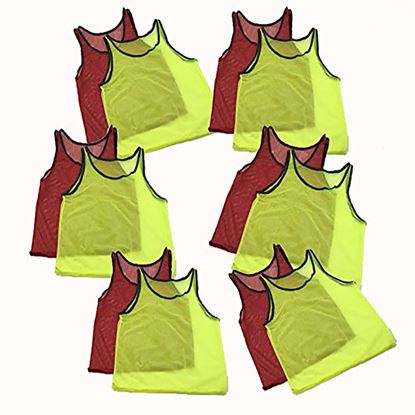 Picture of Adorox 12 Pack Youth Scrimmage Team Practice Nylon Mesh Jerseys Vests Pinnies for Children Sports Football, Basketball, Soccer, Volleyball … (Neon Yellow and Red, 12 pack)