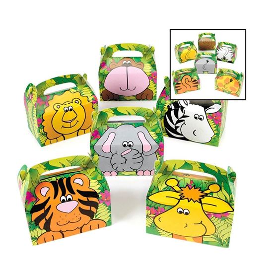 Picture of Adorox (12 Boxes Jungle Safari Zoo Animal Cardboard Favor Treat Boxes Birthday Party Goody Bags Lion Tiger Elephant Zebra Hippo Giraffe