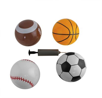 Picture of Adorox 4 Piece Assorted 5" Vinyl Sports Style Balls + Hand Held Air Pump